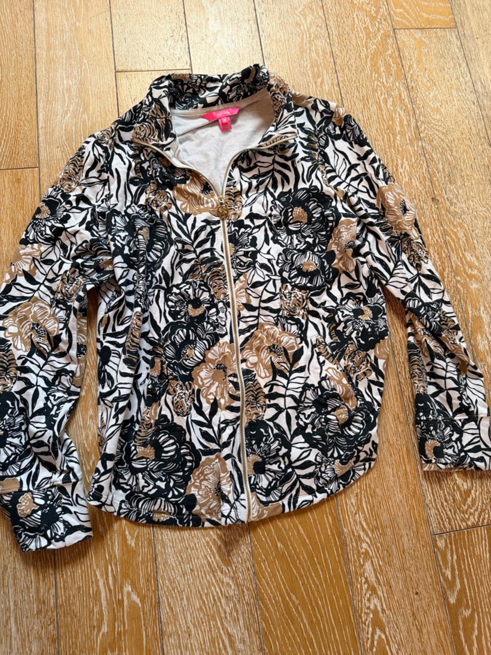 Lilly Pulitzer Hidden Tiger Floral Zip-Up Jacket in Black, White & Tan